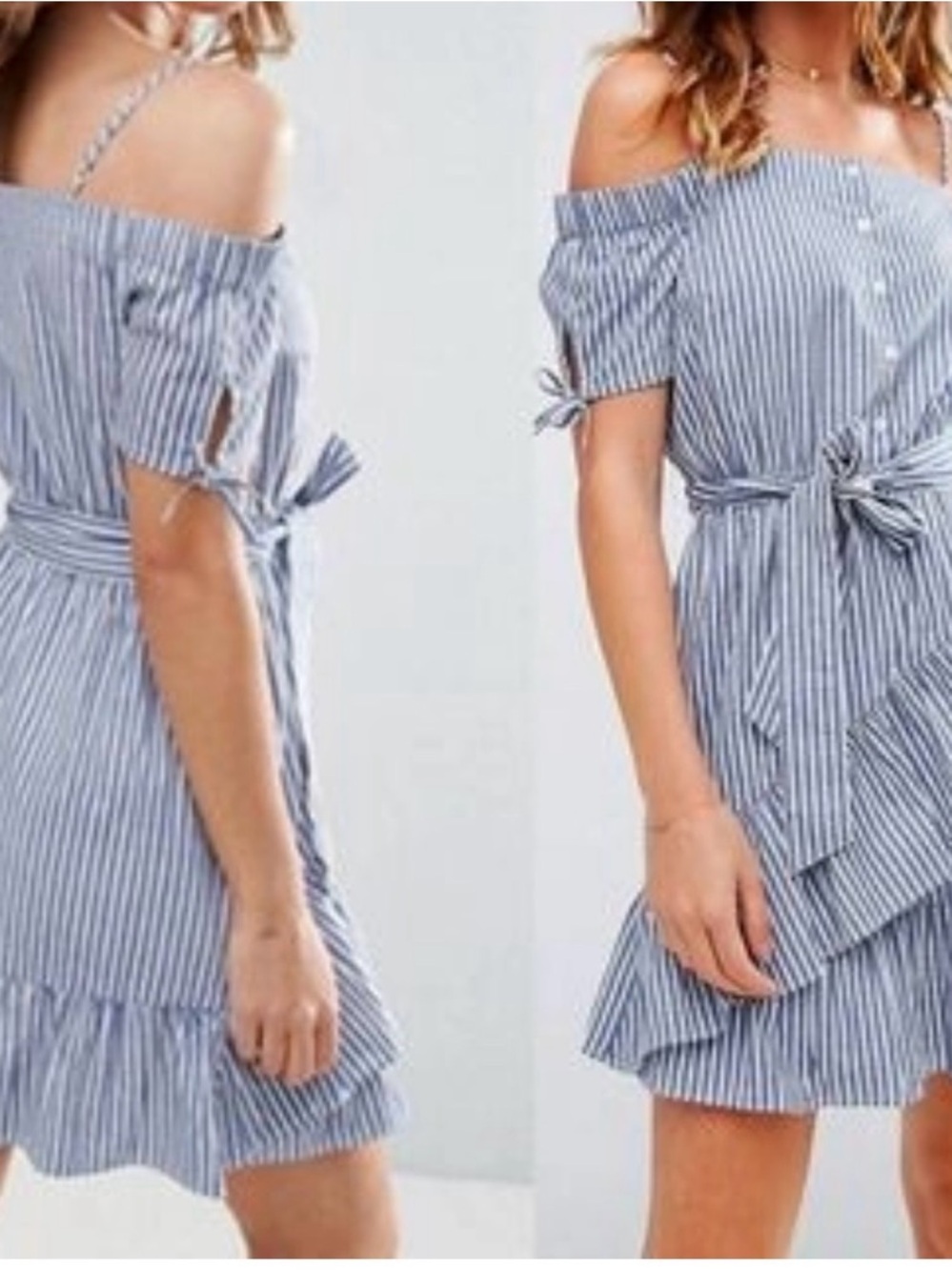ASOS Off-Shoulder Blue and White Striped Ruffled Midi Sundress Womens Size 4